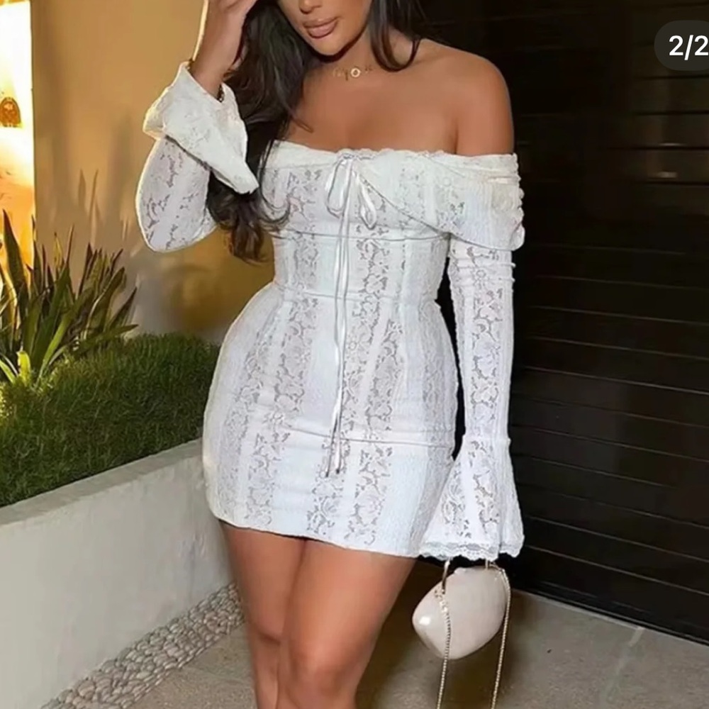 House of CB Sadie Vintage Cream Floral Lace Off Shoulder Mini Dress NWOT‎ size L - Picture 16 of 16